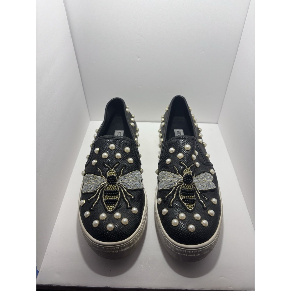 Steve Madden Polly Black Multi‎ Embroidered Slip-On Sneakers Size 7.5 Bee Pearl